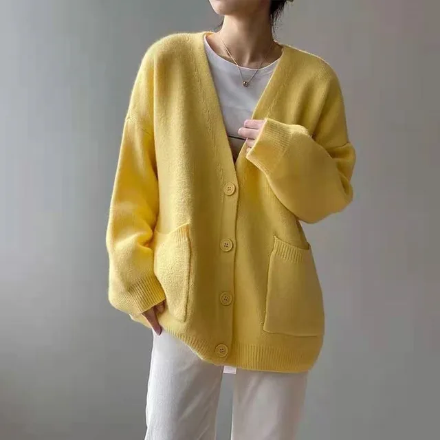 Korean Preppy Style Solid Color Sweater Women's Coat Spring And Autumn New Loose Knitted Cardigan Yellow - Shop at LoveMi
