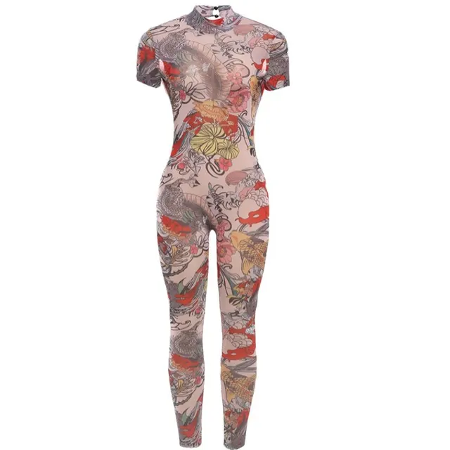 Women's Backless Fashion Printed Sheer Mesh Jumpsuit Red - Shop at LoveMi