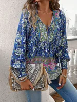 European And American Printed Shirt Women V-neck Long Sleeve Top - Navy