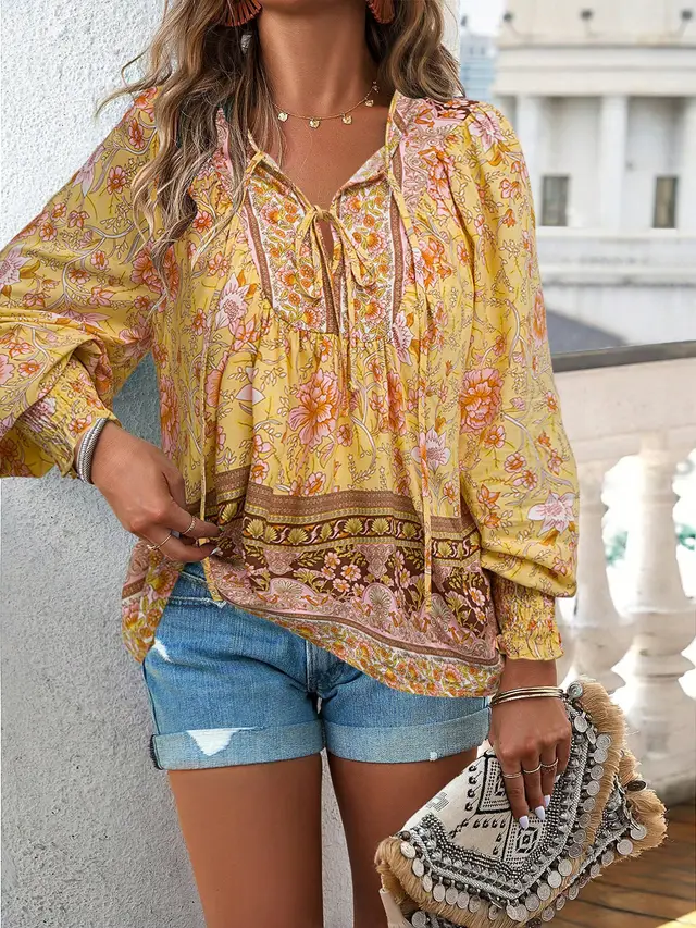 European And American Printed Shirt Women V neck Long Sleeve Top Yellow - Shop at LoveMi