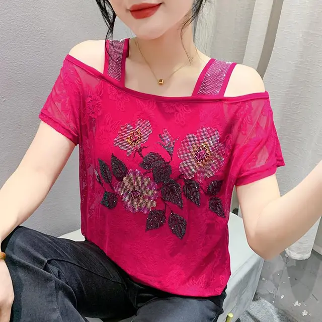 Lace Off the shoulder Rhinestone Top Rose Red - Shop at LoveMi