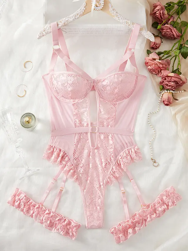 Embroidered Lace Backless Three point Sexy Jumpsuit Lingerie Pink - Shop at LoveMi