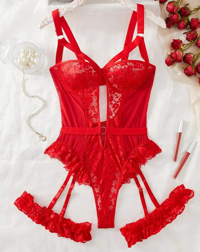 Embroidered Lace Backless Three point Sexy Jumpsuit Lingerie Red - Shop at LoveMi