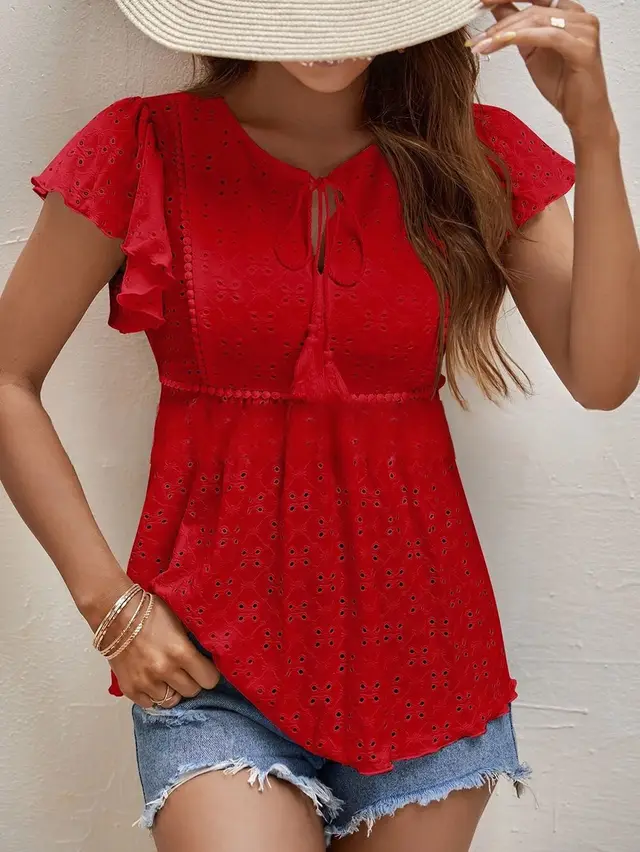 Elegant Temperament V neck Women's T shirt Red - Shop at LoveMi