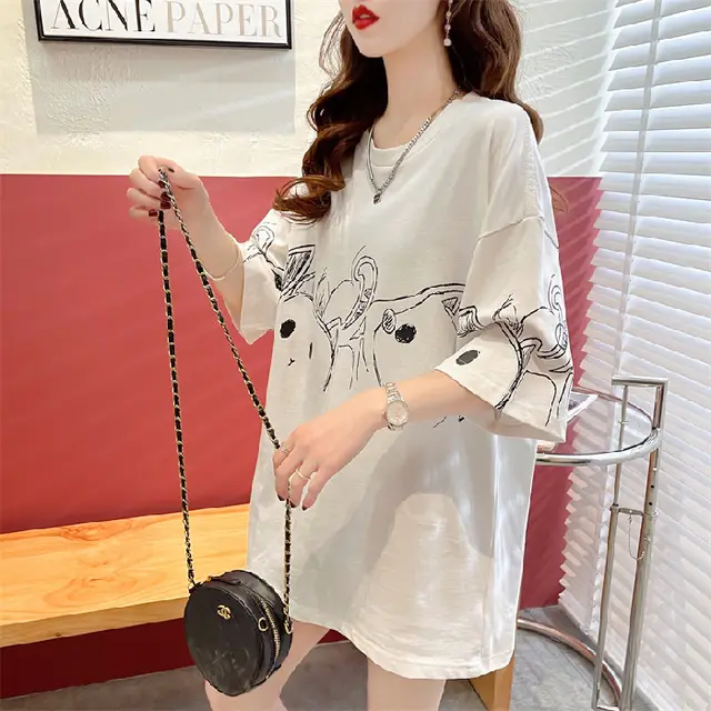 Female Creative Retro Loose Printed Short Sleeved Shirt White - Shop at LoveMi