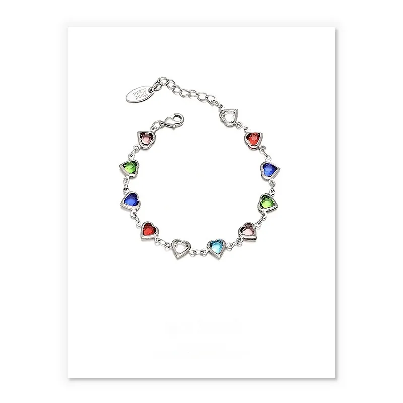 Brass Plated 18K Real Goldwhite Gold Color Ins Fashion Special-interest Summer Candy Color Glass Heart Bracelet Necklace - White Gold Bracelet
