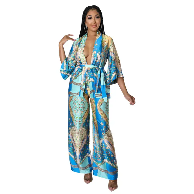 Women's Silk like Printed Wide leg Pants Two piece Set Blue And Yellow Small Floral - Shop at LoveMi