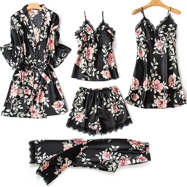 Pajamas Printed Women's Imitation Sling Sleeping Loose Comfortable Lace Five piece Set Black - Shop at LoveMi