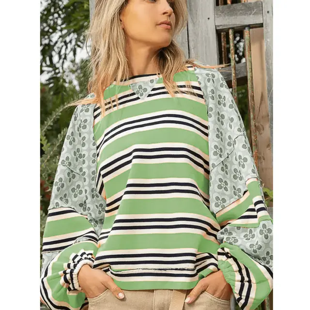 Women's Color Matching Printed Top Loose Long Sleeve Light Green - Shop at LoveMi