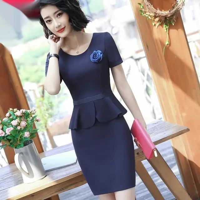 Fake Two Pieces Business Dress Short Sleeve Beautician Hotel Jewelry Shop Workwear Blue Dress - Shop at LoveMi