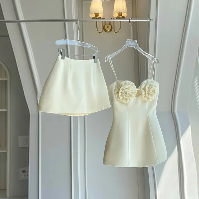 Fashion Design Three dimensional Flower Sling Top And Skirt Suit Milky White - Shop at LoveMi