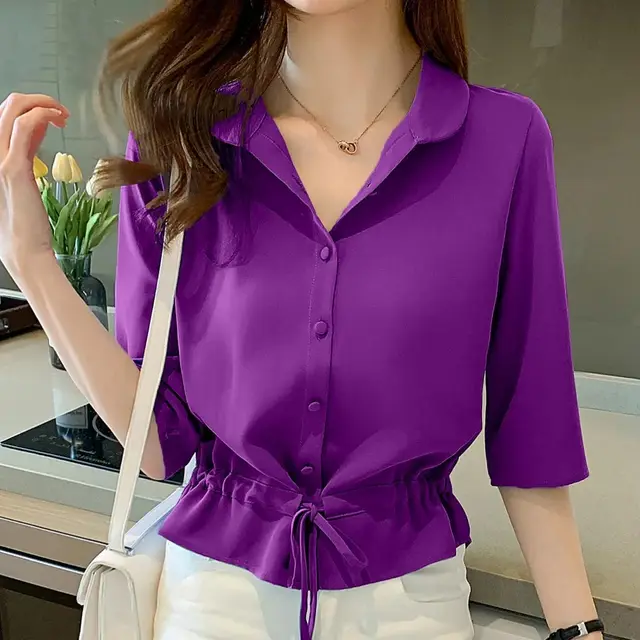Women's Short sleeved Chiffon Shirt Women's Summer Wear Purple - Shop at LoveMi