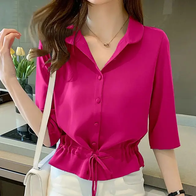 Women's Short sleeved Chiffon Shirt Women's Summer Wear Rose Red - Shop at LoveMi