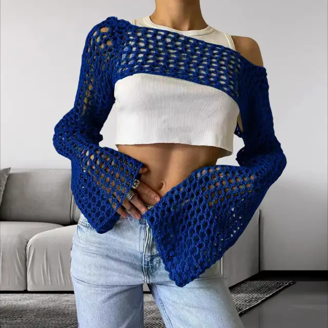 Cross Border Clothing Hand Crochet Sweater Blue - Shop at LoveMi