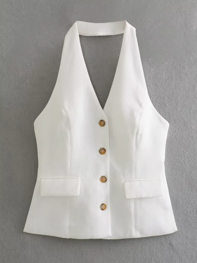 Women's Pleated Decorative High Waist Wide Leg Pants Hanging Collar Vest - Top