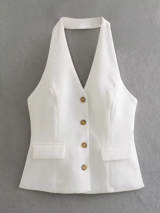 Women's Pleated Decorative High Waist Wide Leg Pants Hanging Collar Vest Top - Shop at LoveMi