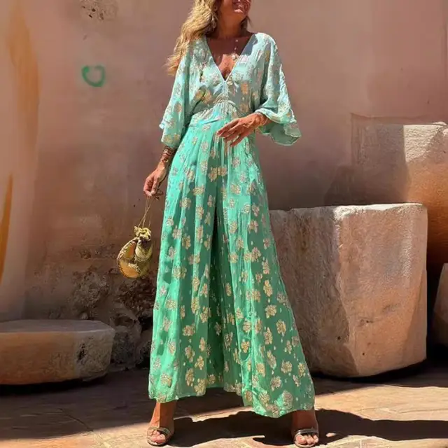 Printed V neck Backless Waist Trimming Wide Leg Jumpsuit Green - Shop at LoveMi