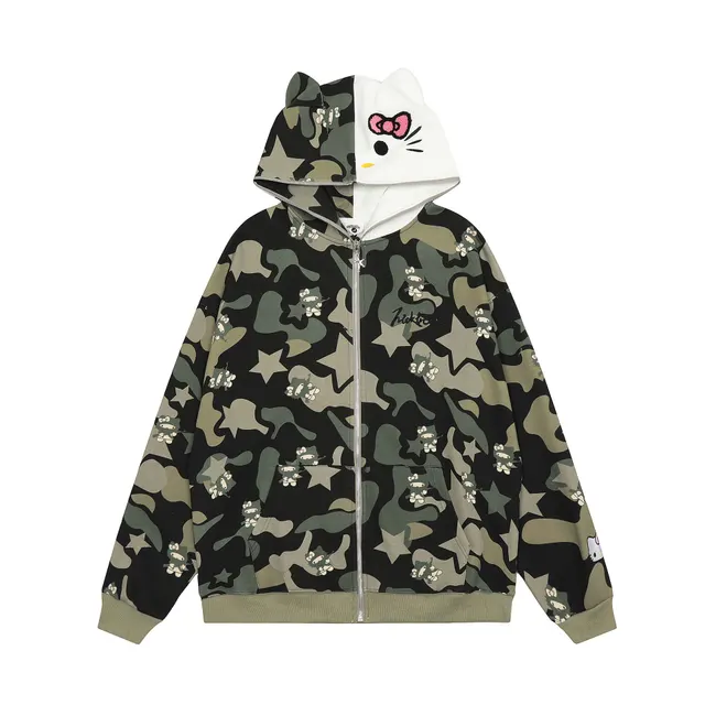 Full Printed Cartoon Cat Letter Embroidery Hooded Cardigan Sweater Camouflage Green - Shop at LoveMi