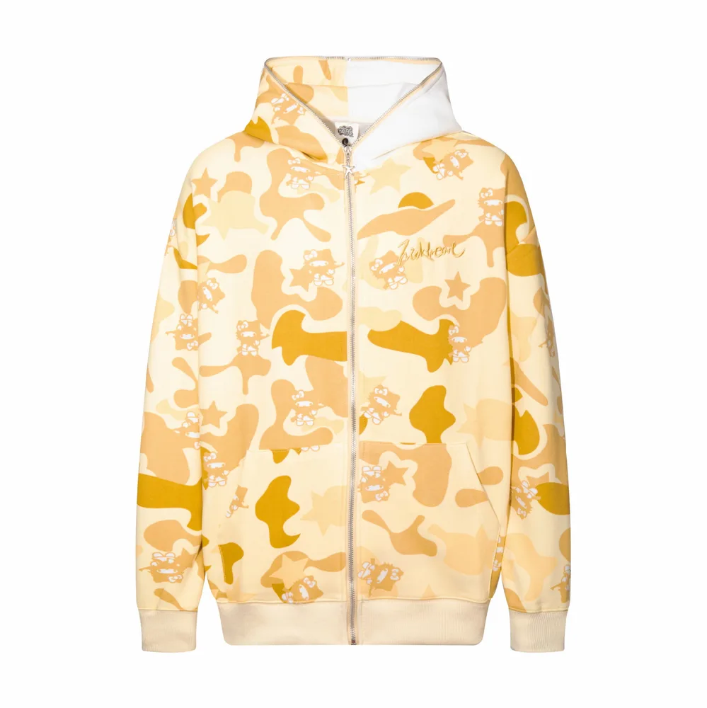 Full Printed Cartoon Cat Letter Embroidery Hooded Cardigan Sweater Yellow - Shop at LoveMi