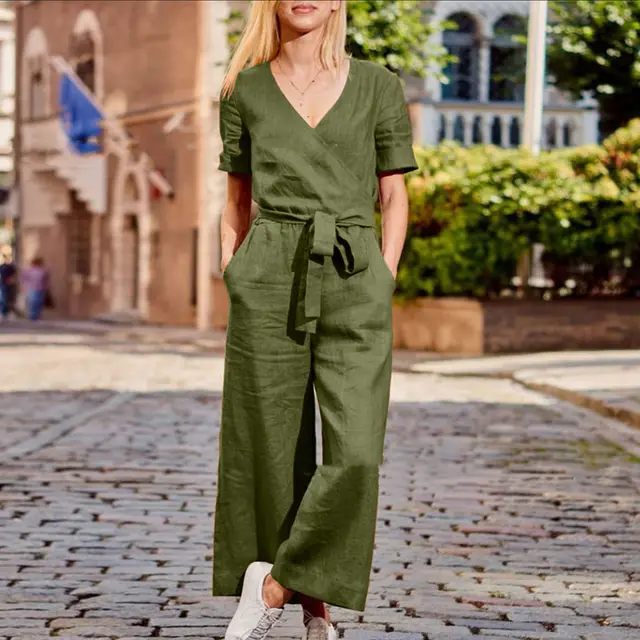 Spring And Summer New Short Sleeve Solid Color Casual Loose One piece Trousers Dark Green - Shop at LoveMi