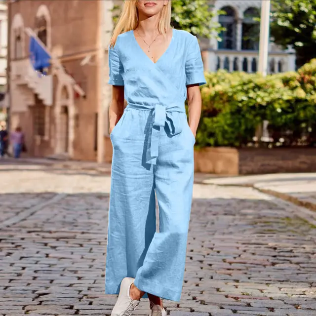 Spring And Summer New Short Sleeve Solid Color Casual Loose One piece Trousers Light Blue - Shop at LoveMi