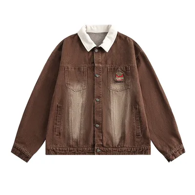Retro Punk Washed And Worn Contrast Color Lapels Denim Jacket Coat Brown - Shop at LoveMi