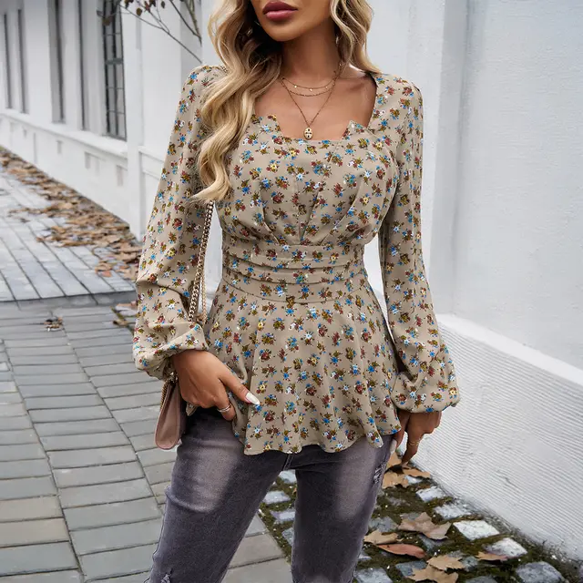 Women's Bubble Sleeve Mori Style Elegant Floral Print Long Sleeve Top Khaki - Shop at LoveMi