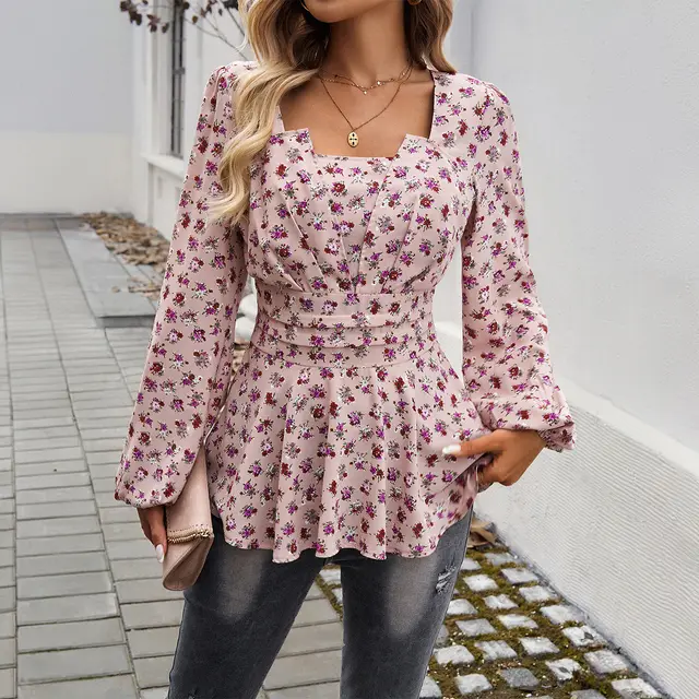 Women's Bubble Sleeve Mori Style Elegant Floral Print Long Sleeve Top Pink - Shop at LoveMi