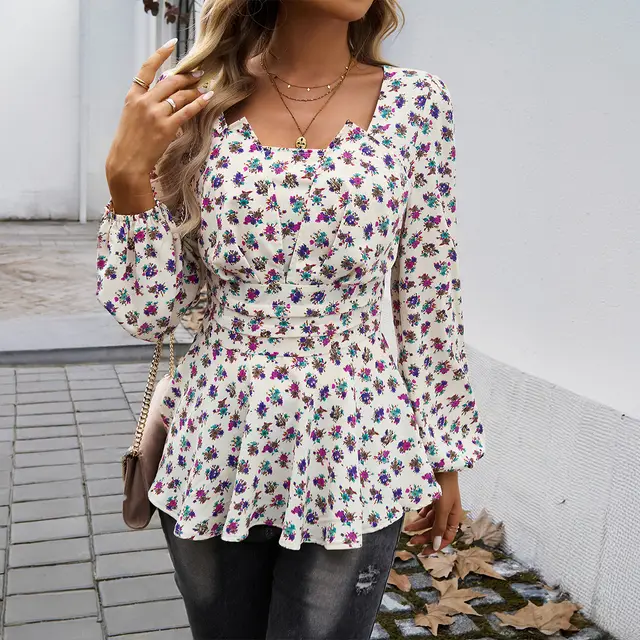 Women's Bubble Sleeve Mori Style Elegant Floral Print Long Sleeve Top White - Shop at LoveMi