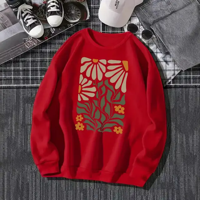 Flowers And Plants Round Neck Long Sleeve Sweater For Women Red - Shop at LoveMi