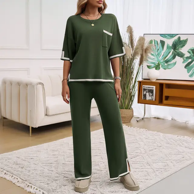 Lady Temperament Commuter Contrast Color Short Sleeve Trousers Suit Army Green - Shop at LoveMi