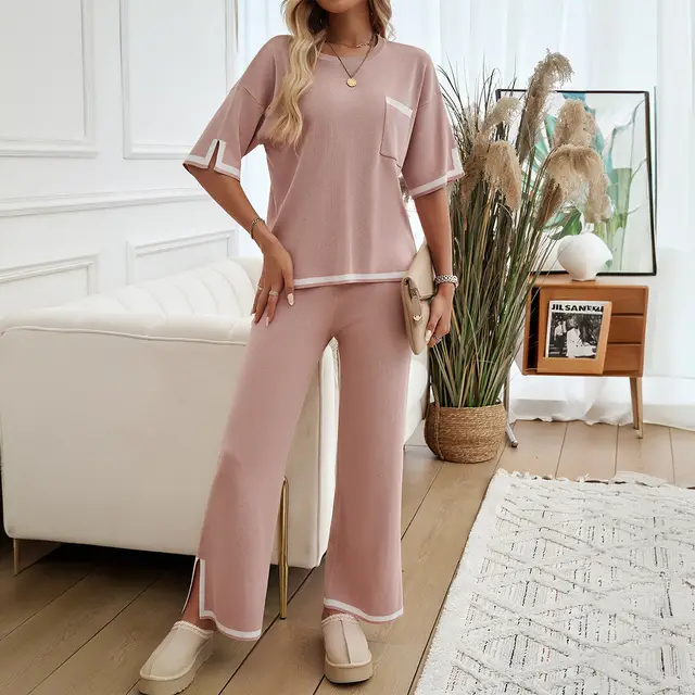 Lady Temperament Commuter Contrast Color Short Sleeve Trousers Suit Pink - Shop at LoveMi