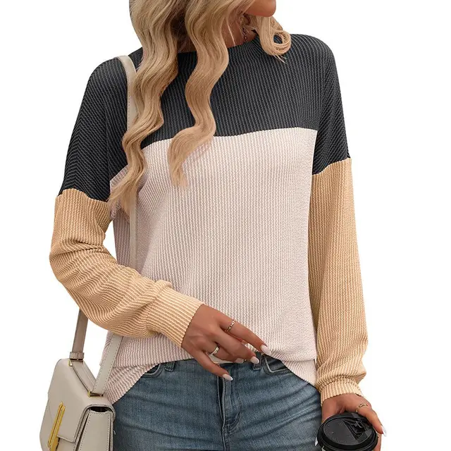 Round Neck Twist Strip Color Matching Long Sleeve Loose T shirt For Women Dark Gray - Shop at LoveMi