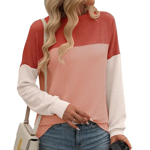 Round Neck Twist Strip Color Matching Long Sleeve Loose T shirt For Women Red - Shop at LoveMi