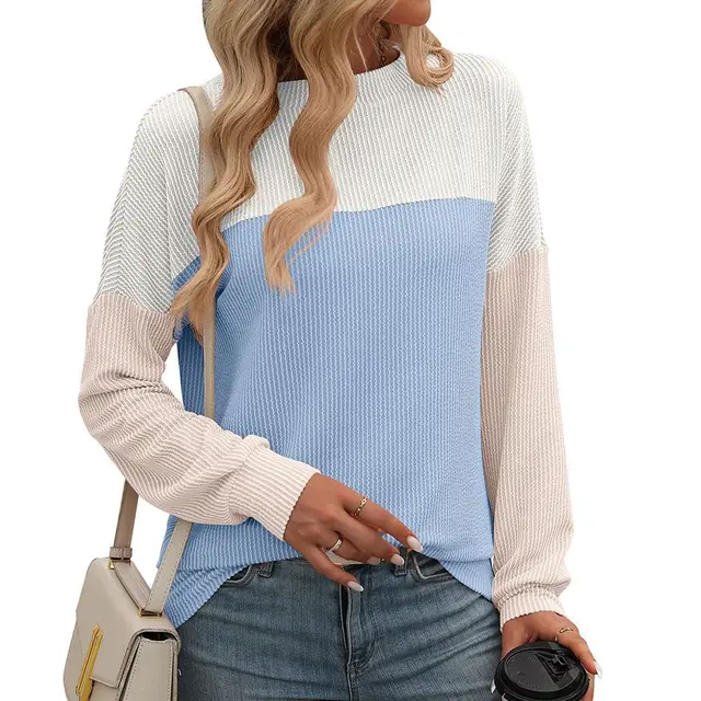 Round Neck Twist Strip Color Matching Long Sleeve Loose T shirt For Women Sky Blue - Shop at LoveMi