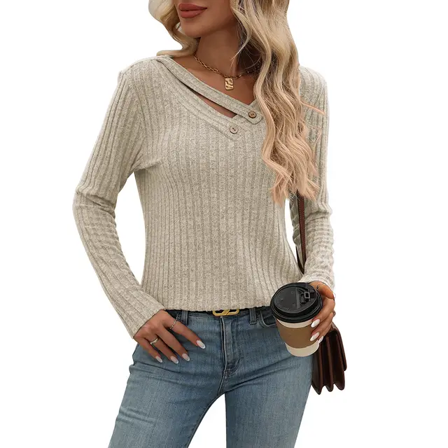 Women's Loose Casual V neck Button Top Sunken Stripe T shirt Apricot - Shop at LoveMi