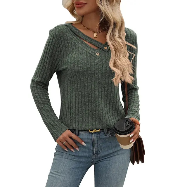 Women's Loose Casual V neck Button Top Sunken Stripe T shirt Army Green - Shop at LoveMi