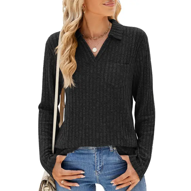 Solid Color Polo Collar Pocket Long Sleeve Loose fitting T shirt Top Women Black - Shop at LoveMi