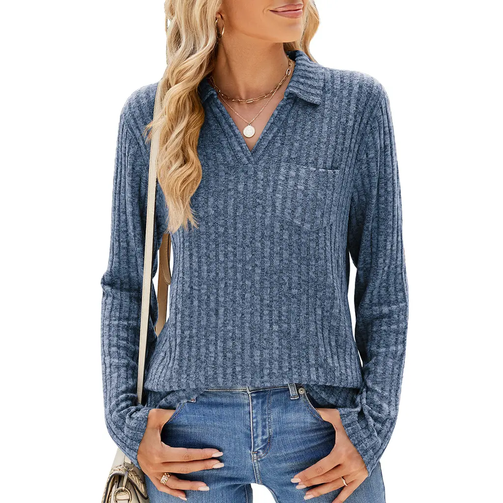 Solid Color Polo Collar Pocket Long Sleeve Loose-fitting T-shirt Top Women - Colorful Blue
