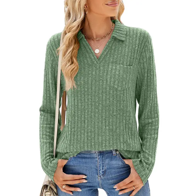 Solid Color Polo Collar Pocket Long Sleeve Loose fitting T shirt Top Women Green - Shop at LoveMi