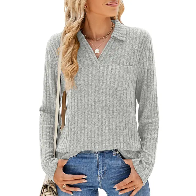 Solid Color Polo Collar Pocket Long Sleeve Loose fitting T shirt Top Women Light Gray - Shop at LoveMi