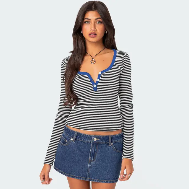 Contrast Color Striped Sweater Women's Button Slim T shirt Blue Black And White - Shop at LoveMi