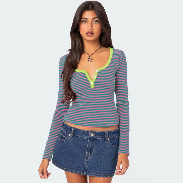 Contrast Color Striped Sweater Women's Button Slim T shirt Green - Shop at LoveMi