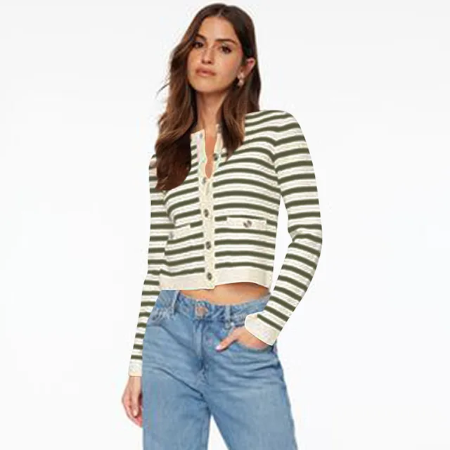 Comfort And Casual Long Sleeve Striped Button Top Apricot Army Green - Shop at LoveMi