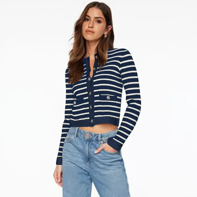 Comfort And Casual Long Sleeve Striped Button Top Blue Apricot - Shop at LoveMi