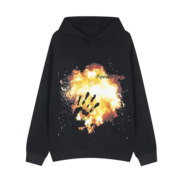 Flame Print Hooded Loose Sweater Black - Shop at LoveMi