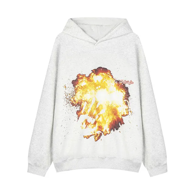 Flame Print Hooded Loose Sweater Light Gray - Shop at LoveMi