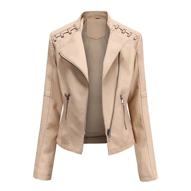 Slim Fit Thin Leather Coat Women's Motorcycle Clothing Khaki - Shop at LoveMi