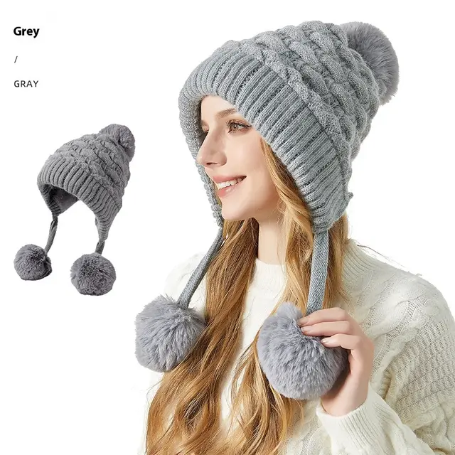 Shuttlecock Thickened Rabbit Fur Hat Children Fleece lined Warm Knitted Hat Gray - Shop at LoveMi
