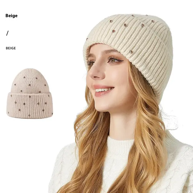 Exquisite Rhinestone Angola Rabbit Fur Hat Thickened Elastic Knitted Hat Beige - Shop at LoveMi